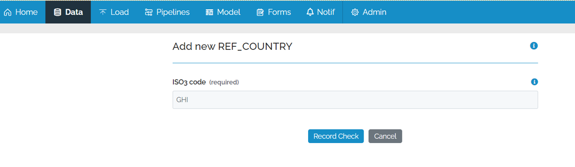 Image showing the Data Add Form. The only field the the ISO3 Code and it is populated with "GHI"