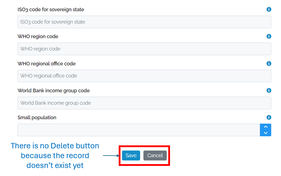 Image showing the bottom of the Data Add Form. There are only two buttons, Save and Cancel. There is no Delete button because the record doesn't exist yet"