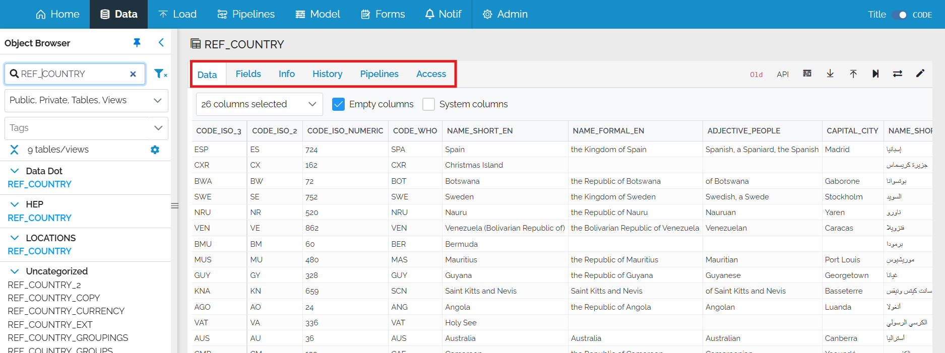 Image showing the data page with a red box around the tabs
