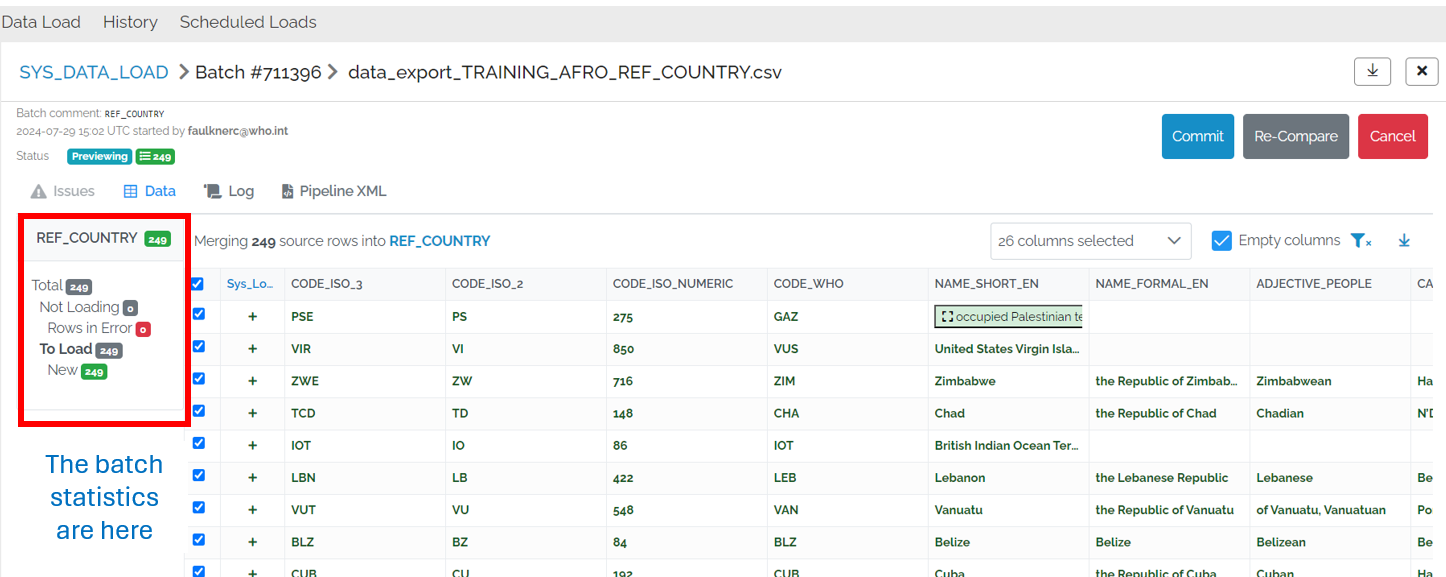 Image showing the Batch Preview page indicating the location of the batch statistics