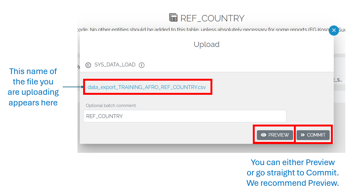 Image showing Upload pop-up with the file name chosen displayed and the Preview and Commit buttons in the bottom right of the pop-up. We recommend using Preview