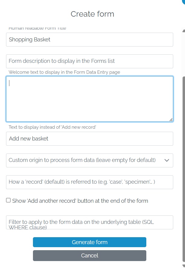 Image showing the Generate Form button in the Create Form window