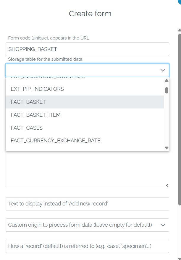 Image showing the Tables dropdown in the Create Form window