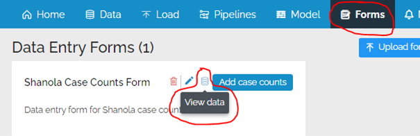 Image showing the "Forms" menu option and the location of "View Data"