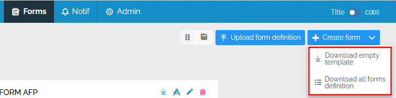 download empty template for a target table or download all form definitions
