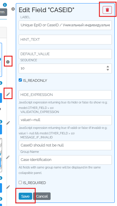 edit or delete form field