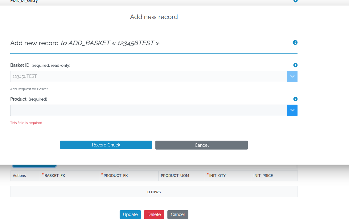 Image showing the 'Add new Record' screen with the Basket ID prepopulated from the parent record. The Product field is blank