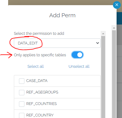 Image showing the "Add Permission" popup with the "Data Edit" permission being applied