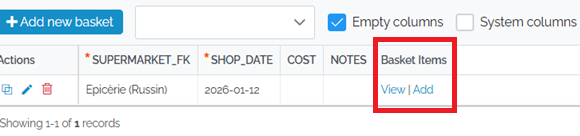 Image showing the Basket form and at the bottom is the Basket Items form with a red box around it. There are 3 rows in the subform