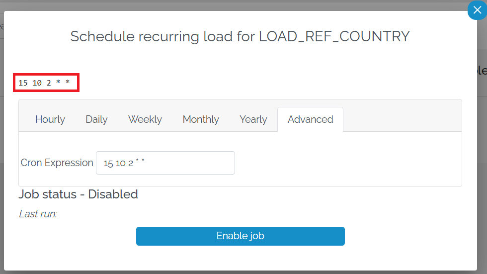 Image showing the schedule setup pop-up with a box around the CRON in the top left