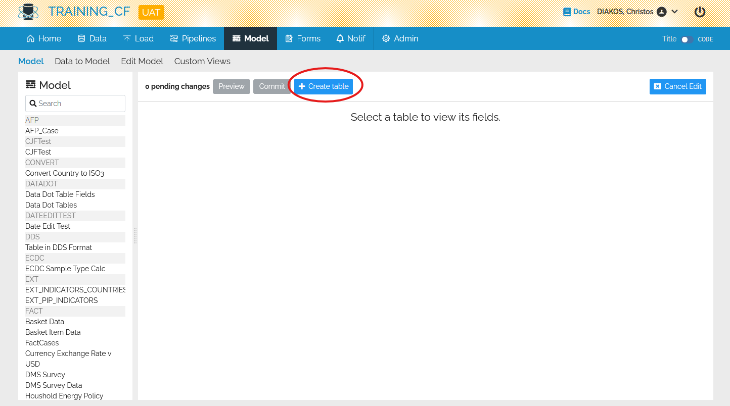 Image showing the create table circled in Red