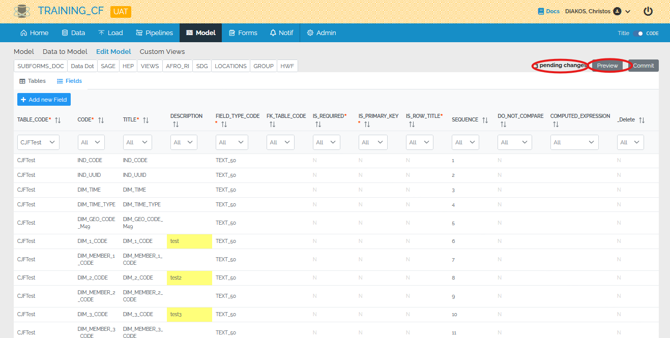 Image showing the highlighted changed fields