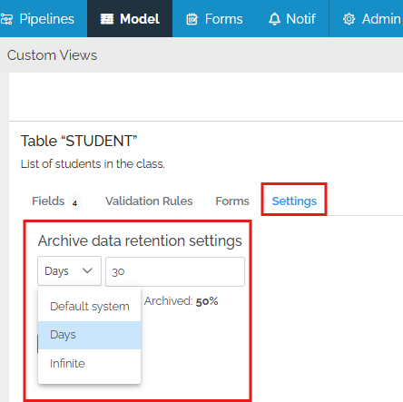 archive retention settings