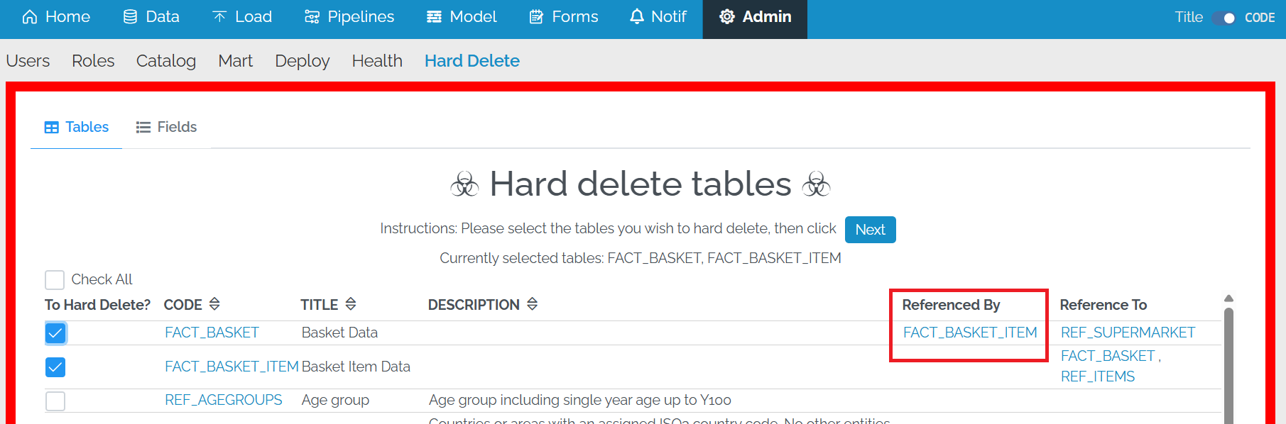 Image showing two tables selected and a box around the Referenced By column.