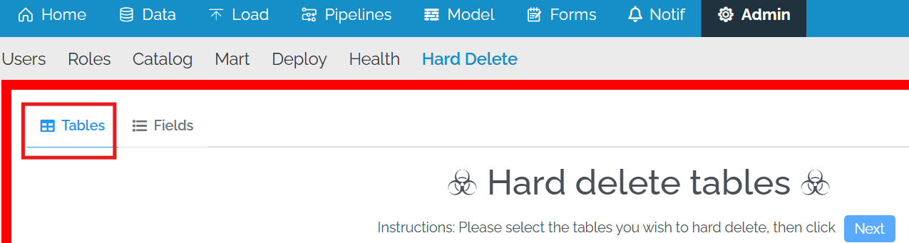 Image showing the Tables option selected at the top
