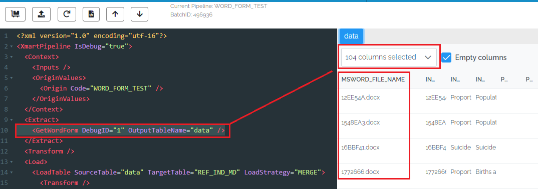 viewing extracted data in the debugger