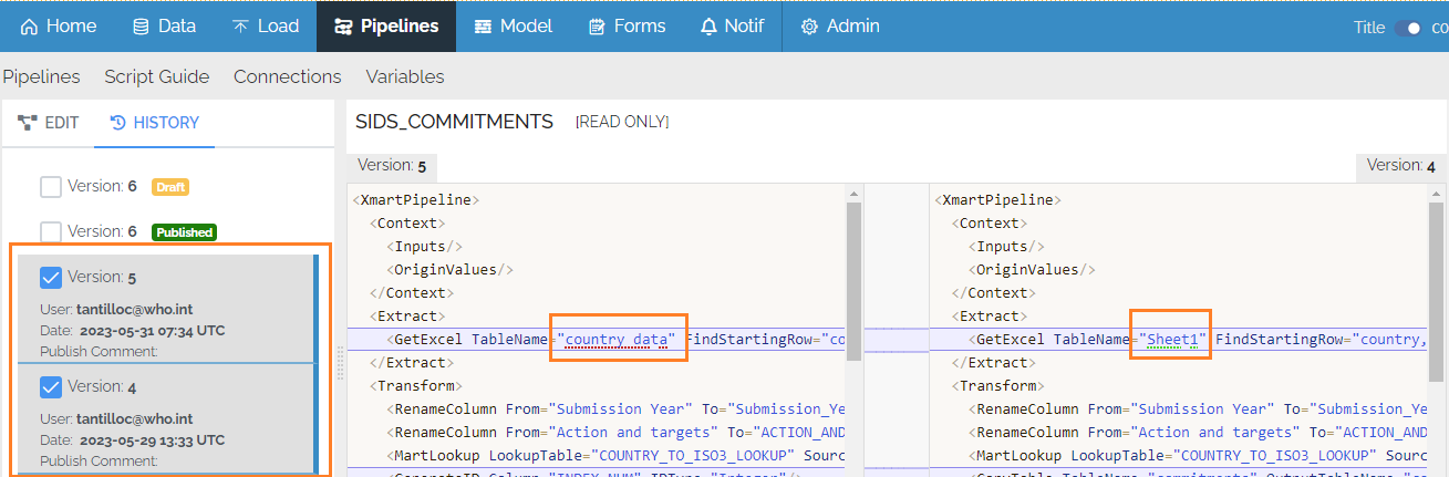 comparing two pipeline versions