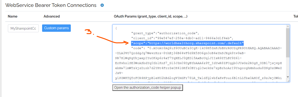 code helper connection add scope