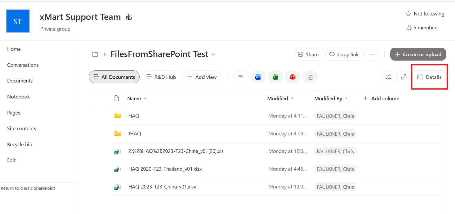 Image showing the location of the Details button on the SharePoint page
