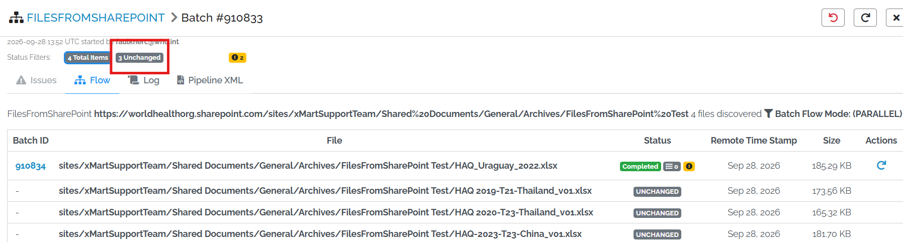 Image displaying a FilesFromSharePoint flow batch with the a red box around the total unchanged files