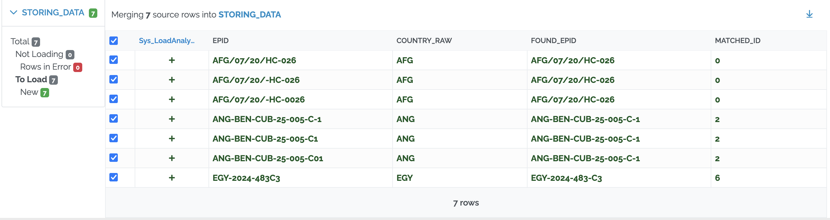 Image showing the Data tab with FOUND_EPID and MATCHED_ID filled for all seven rows