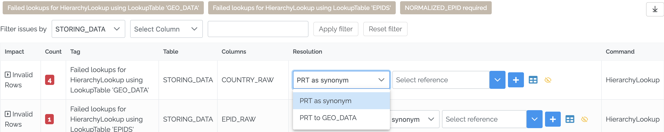 Image showing the first list of the Resolution column with the options PRT as synonym and PRT to GEO_DATA