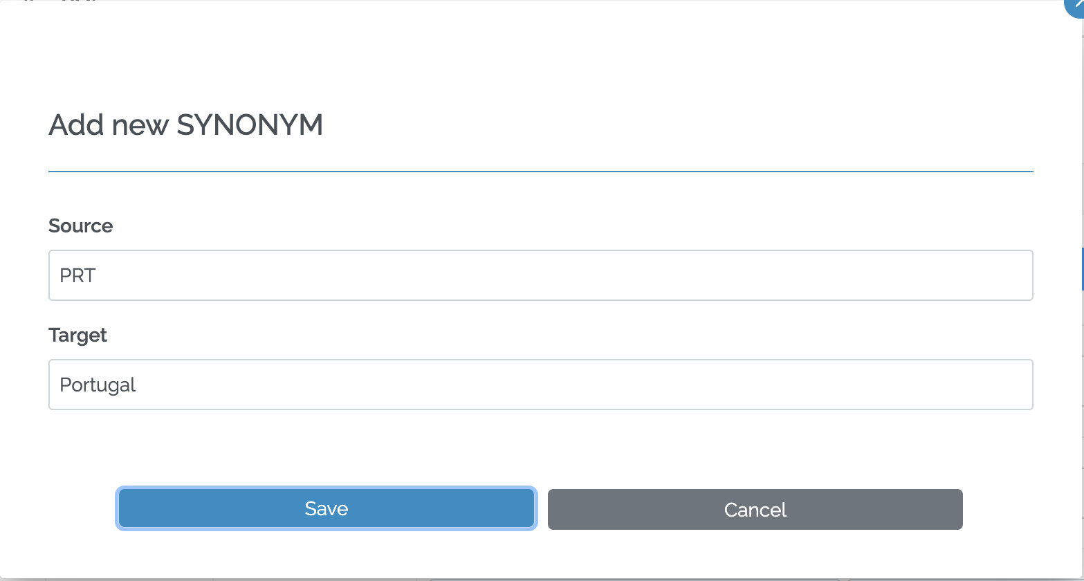 Image showing the Add new SYNONYM window with Source PRT and Target Portugal