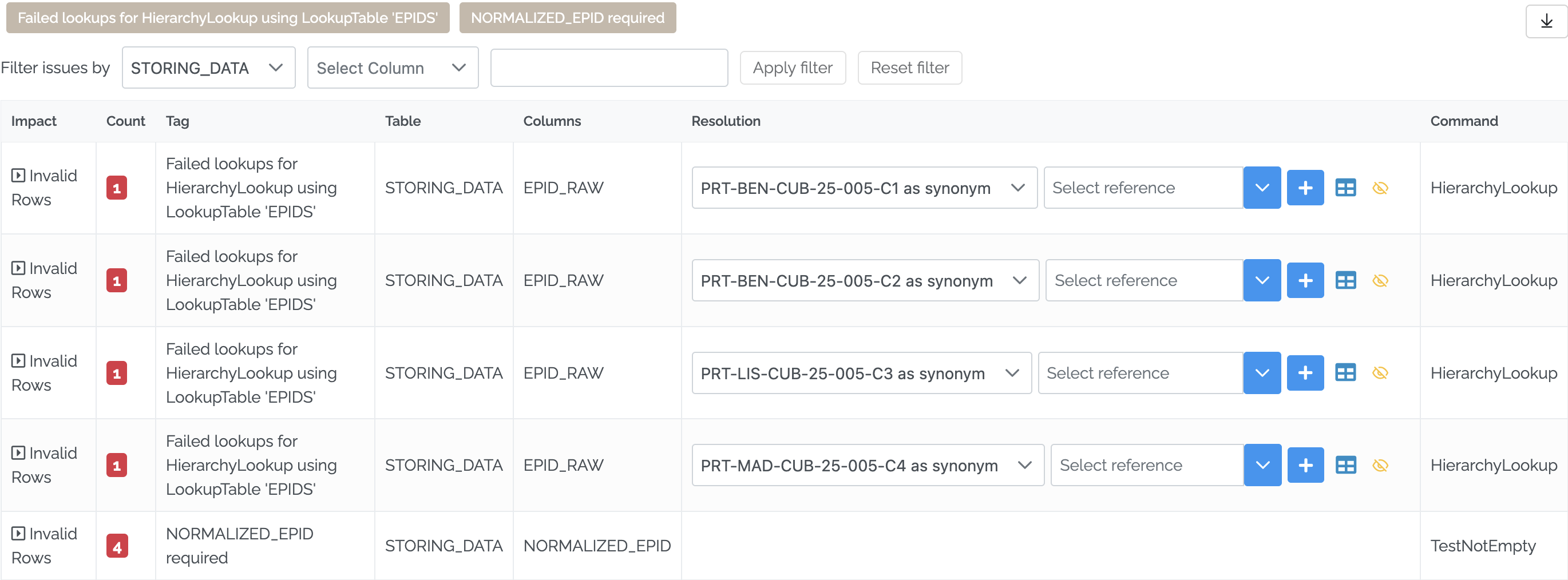 Image showing the Issues tab after the synonym PRT to Portugal was added: there is no failed lookup for GEO_DATA
