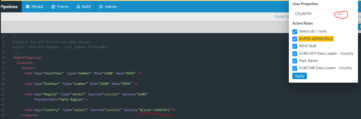 using variables in the Inputs section of pipelines