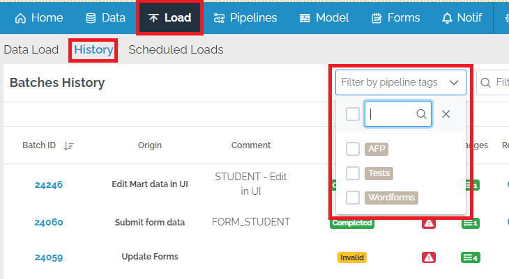 filter load history by pipeline tags