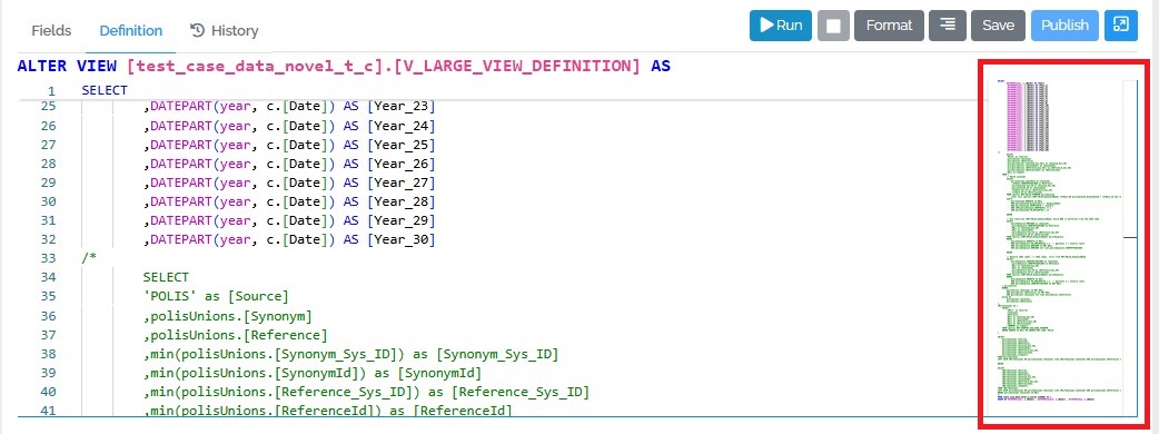 miniaturized view of large query