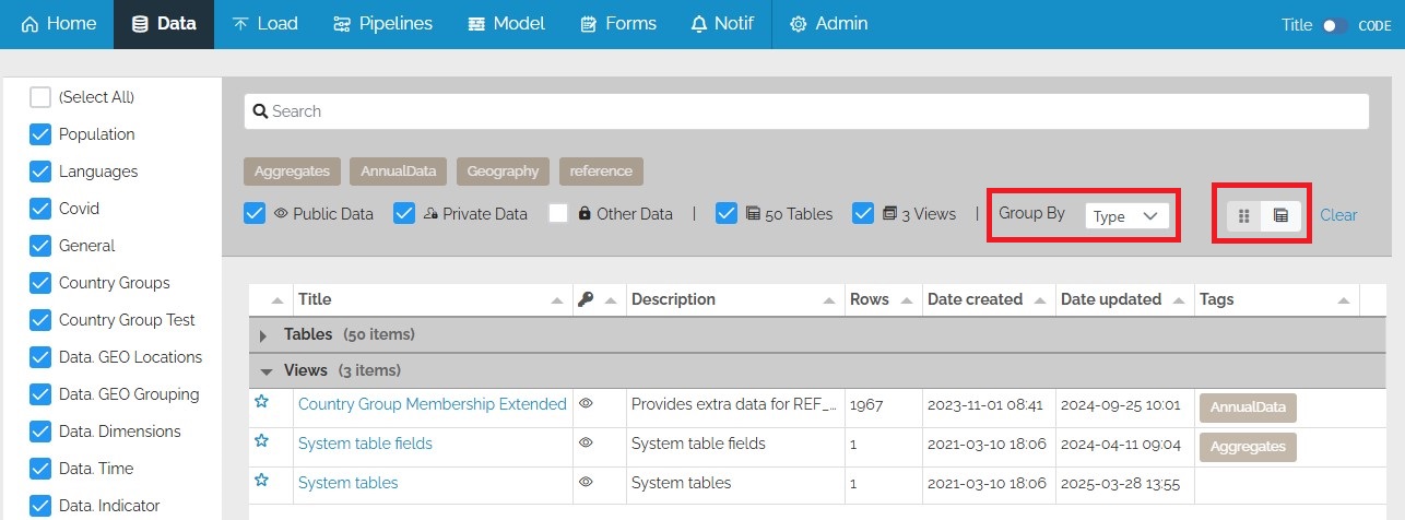 tabular data catalog view