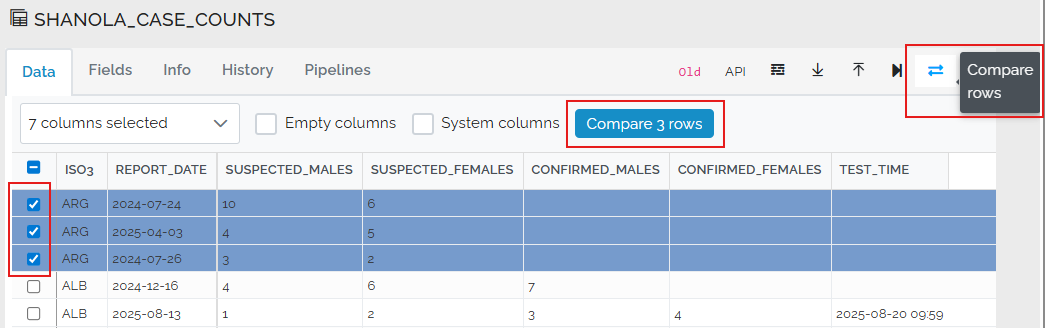 select 2 or more rows to compare