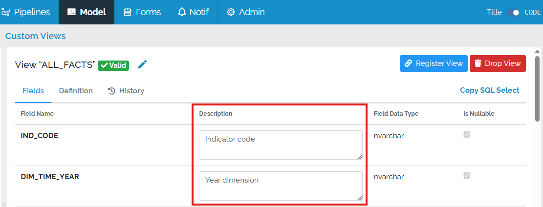 Editing descriptions of custom SQL views
