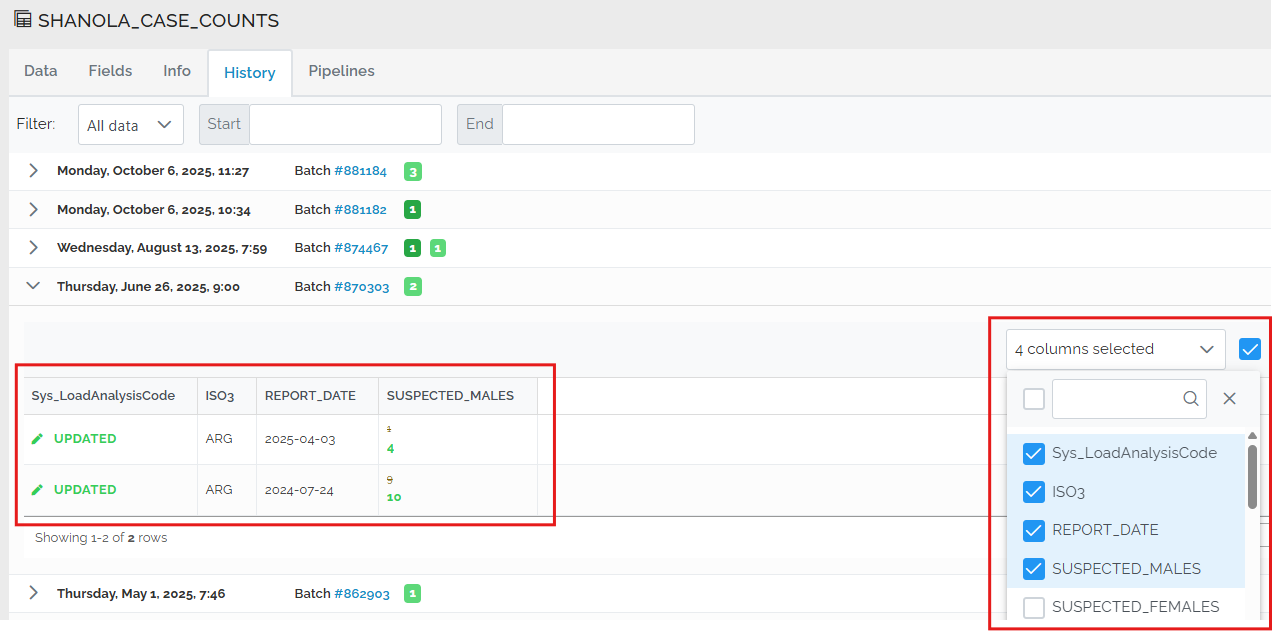 show only columns with changes for updated records in table batch history