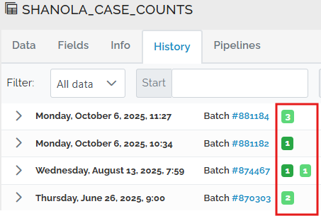 data page History tab badges