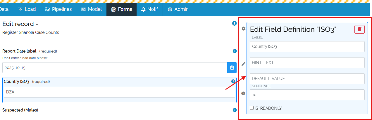 edit field definition while filling out form