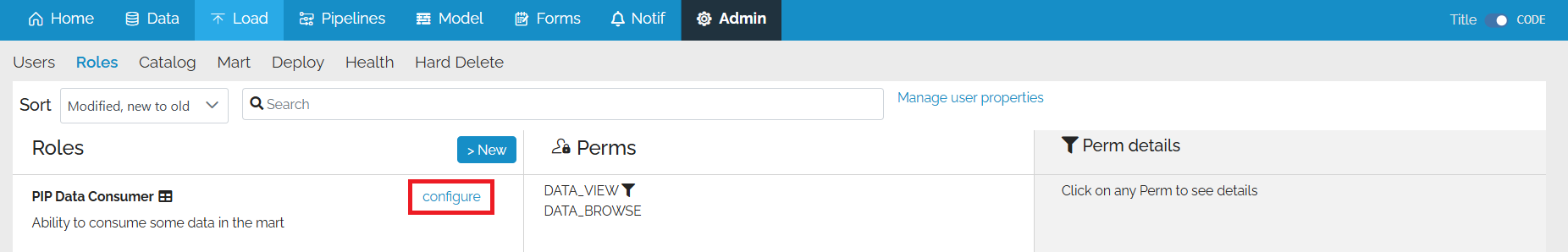 Image showing the menu options at the top with the Roles tab selected. Underneath is the text Roles and to the right is a blue button marked "New". Underneath that is a Role called "PIP Data Consumer" with the word "Configure" in a light blue. This has a red box around it