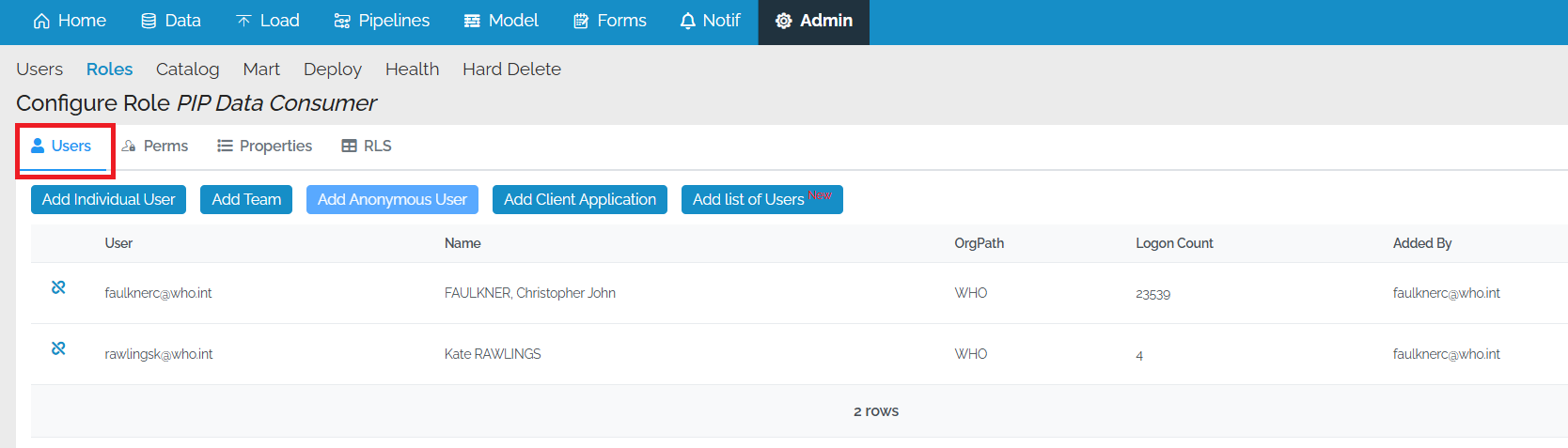 Image showing the main menu at the top with the Admin option selected. Below that is the Tab list with Roles selected. Underneath that are more tabs which from left to right are marked "Users", "Perms", "Properties" and "RLS". There is a red box around the "Users" option.  Underneath that are 5 buttons which, from left to right are marked "Add Individual User", "Add Team" "Add Anonymous User", "Add Client Application" and "Add List of Users"