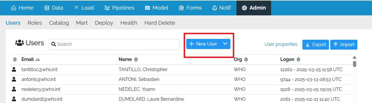 Image showing a red box around the "+ New User" button