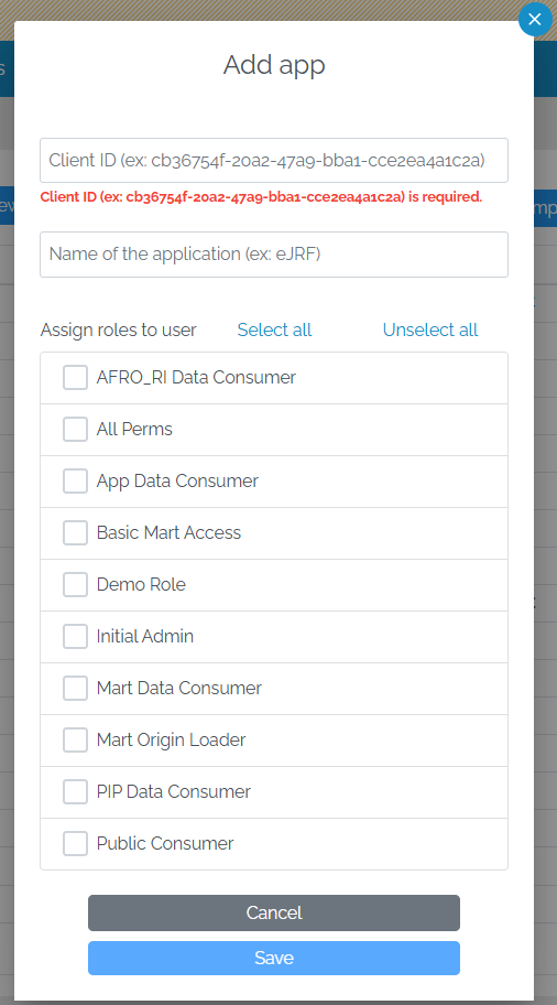 Image showing pop-up with the title of "Add app". Underneath is a textbox with the text "Client ID". UNderneath is another checkbox marked "Name of the application". Underneath is a list of all of the roles in the mart with an unchecked checkbox to the left