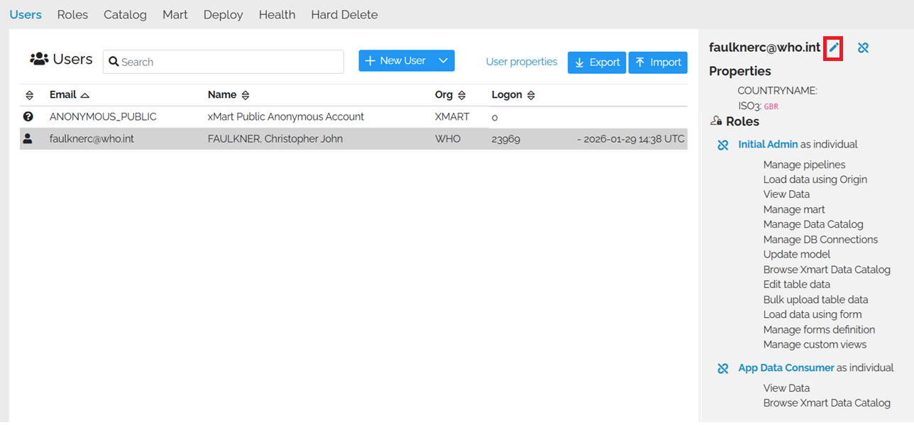 Image showing the "Add individual" pop-up with the cursor in the Account Email box. In the Account Email box is the name "faulknerc@who.int". The Properties tab has been selected and underneath are a list of the properties with no values.