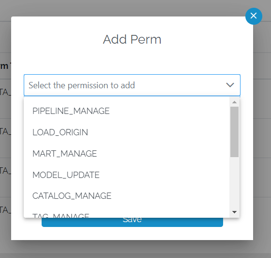 Image showing the Add Perm pop-up with a expanded dropdown showing the list of permissions