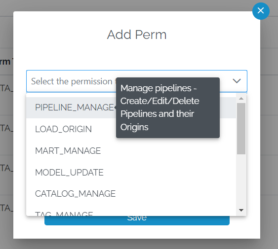 Image showing the description of a role in the Add Perm pop-up permissions list