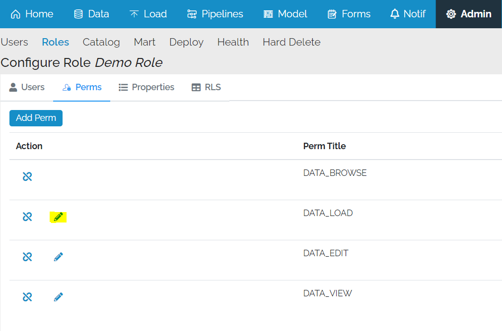Image showing the list of permissions at the Role level with the Remove icon highlighted