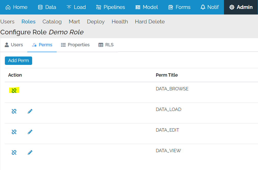 Image showing the list of permissions at the Role level with the Remove icon highlighted