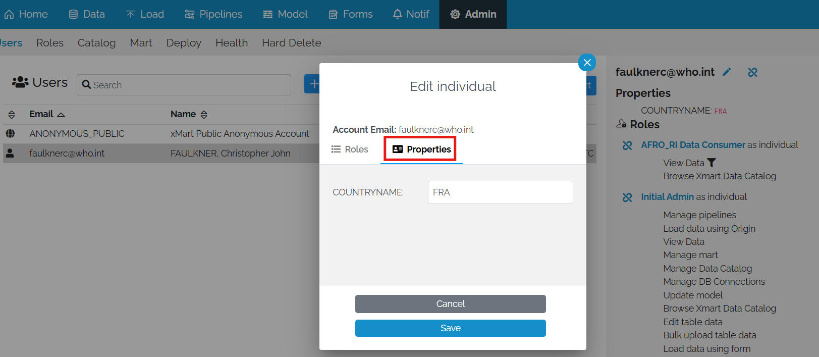 Image showing the Properties tab of the user edit pop-up