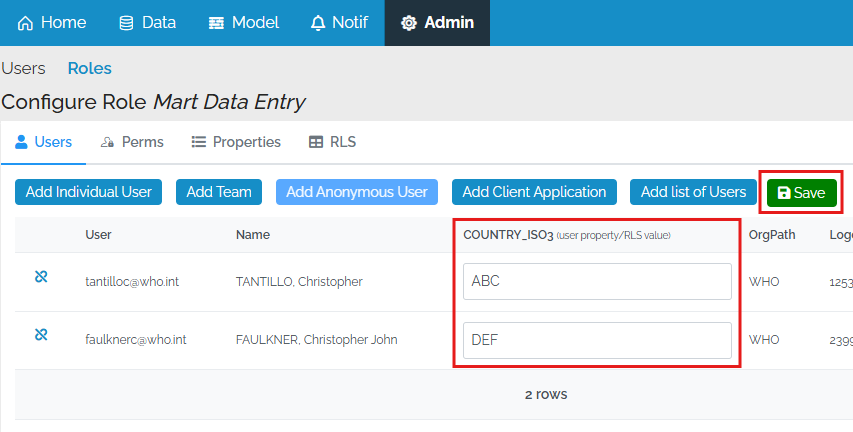 Image showing a user RLS value being edited in the Roldes tab