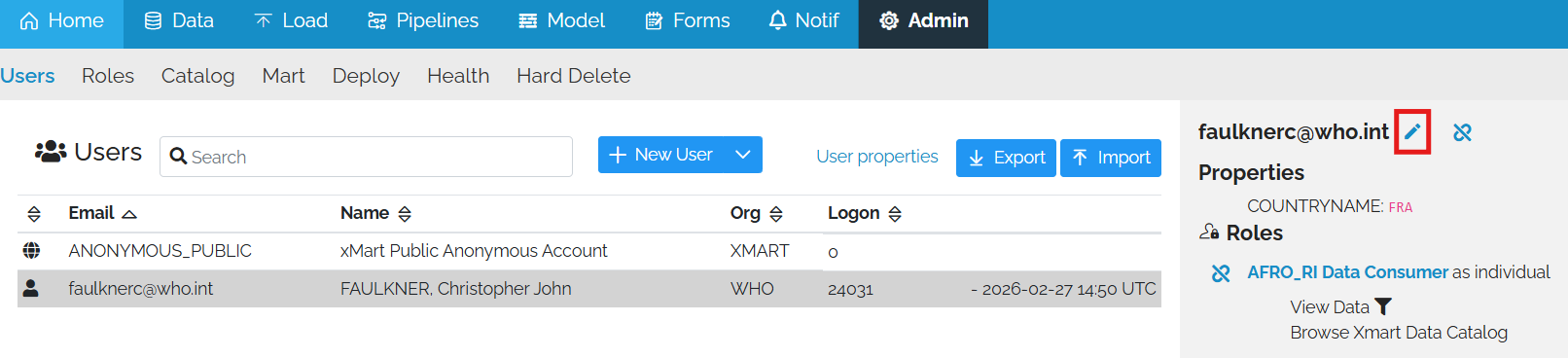 Image showing the Users tab of the Admin page with a user selected and a box around the edit pencil