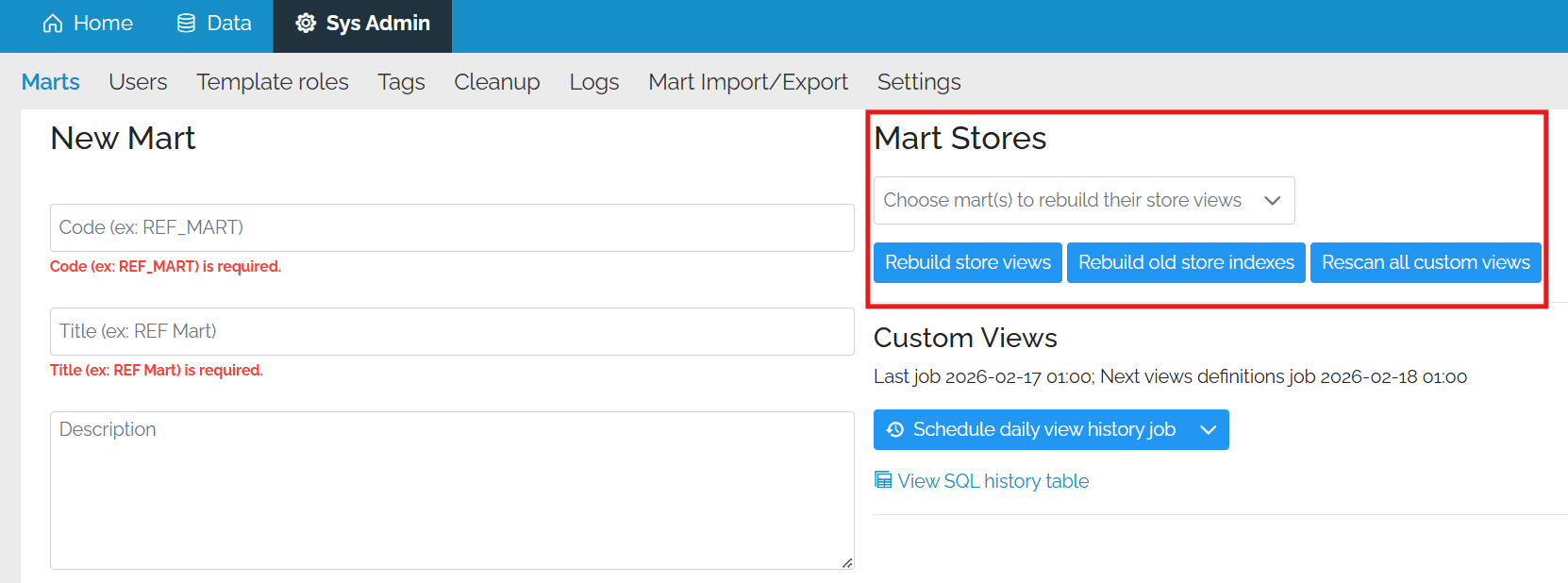 Image showing the new mart form. To the right is a red box around the "Mart Stores" area